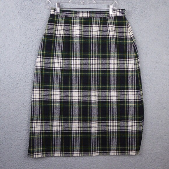 Vintage The Tog Shop Midi Length Plaid Wool Blend Skirt Size 12P Green White - Picture 1 of 9
